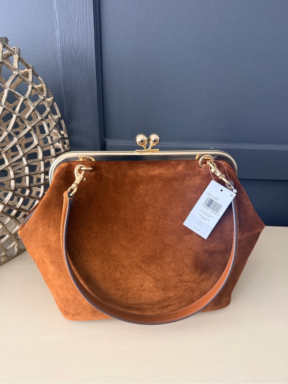 Coach Kisslock Frame Bag 27 Warm Brown Suede Brass NWT - Picture 2 of 15